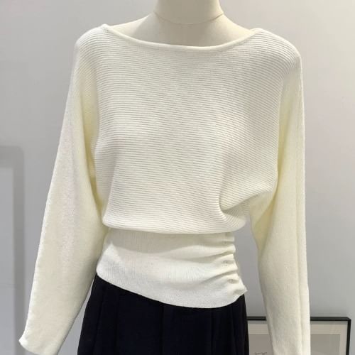 Off Shoulder Plain Ruched Knit Top with Long Sleeves and Textured Finish