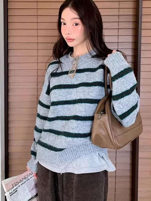 Striped Drop Shoulder Sweater with Round Crew Neckline and Relaxed Fit