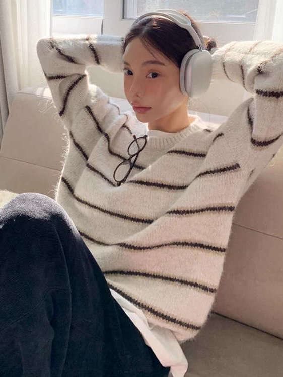 Striped Drop Shoulder Sweater with Round Crew Neckline and Relaxed Fit