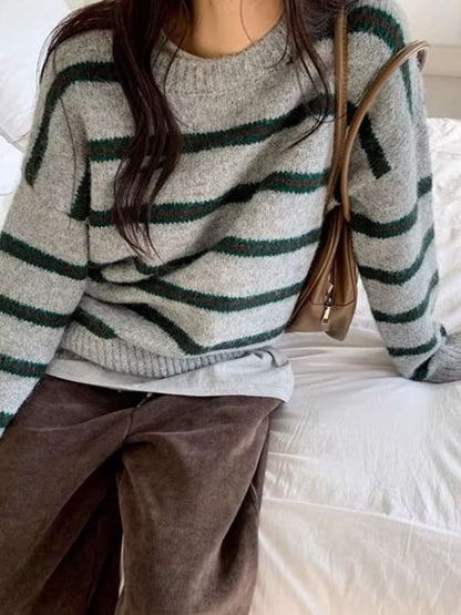 Striped Drop Shoulder Sweater with Round Crew Neckline and Relaxed Fit