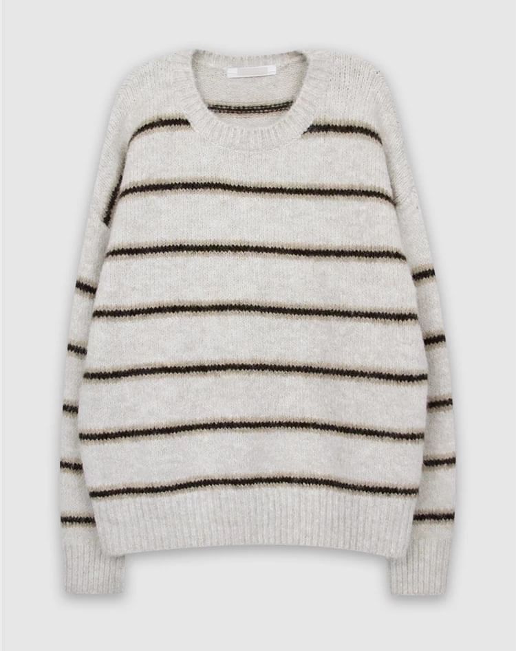 Striped Drop Shoulder Sweater with Round Crew Neckline and Relaxed Fit