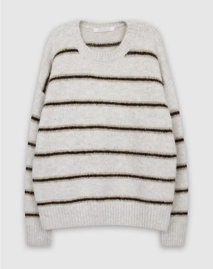 Striped Drop Shoulder Sweater with Round Crew Neckline and Relaxed Fit
