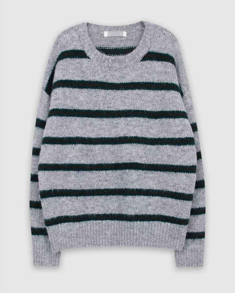 Striped Drop Shoulder Sweater with Round Crew Neckline and Relaxed Fit