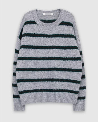 Striped Drop Shoulder Sweater with Round Crew Neckline and Relaxed Fit