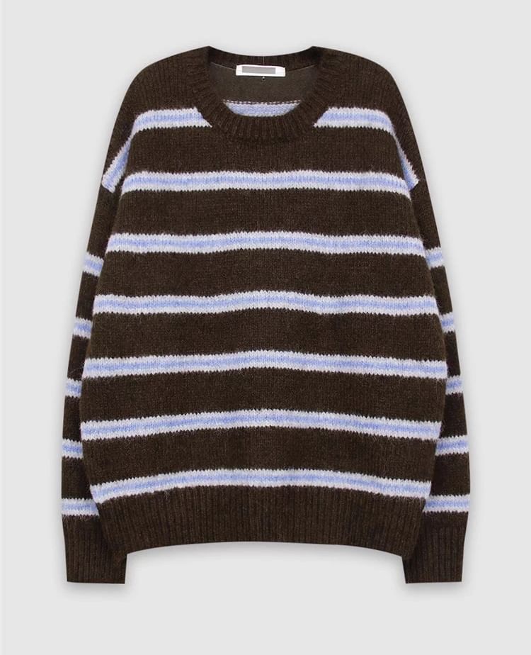 Striped Drop Shoulder Sweater with Round Crew Neckline and Relaxed Fit