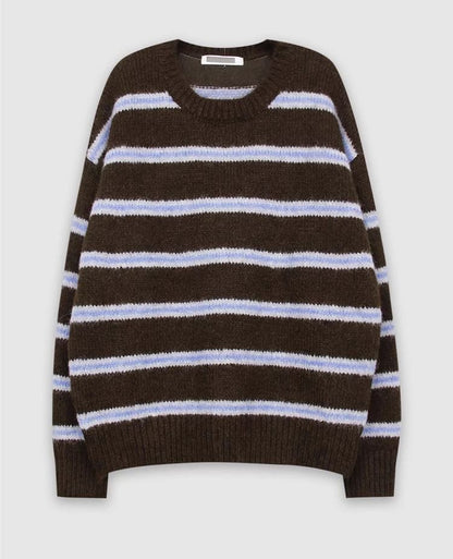 Striped Drop Shoulder Sweater with Round Crew Neckline and Relaxed Fit