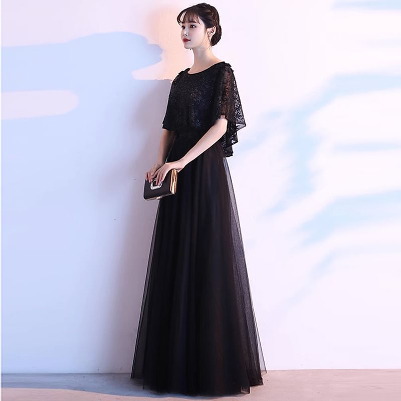 Designs) (Various Lace Panel Gown A-Line Evening Short-Sleeve