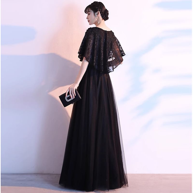 Designs) (Various Lace Panel Gown A-Line Evening Short-Sleeve
