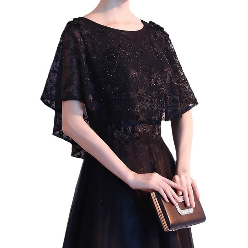 Designs) (Various Lace Panel Gown A-Line Evening Short-Sleeve