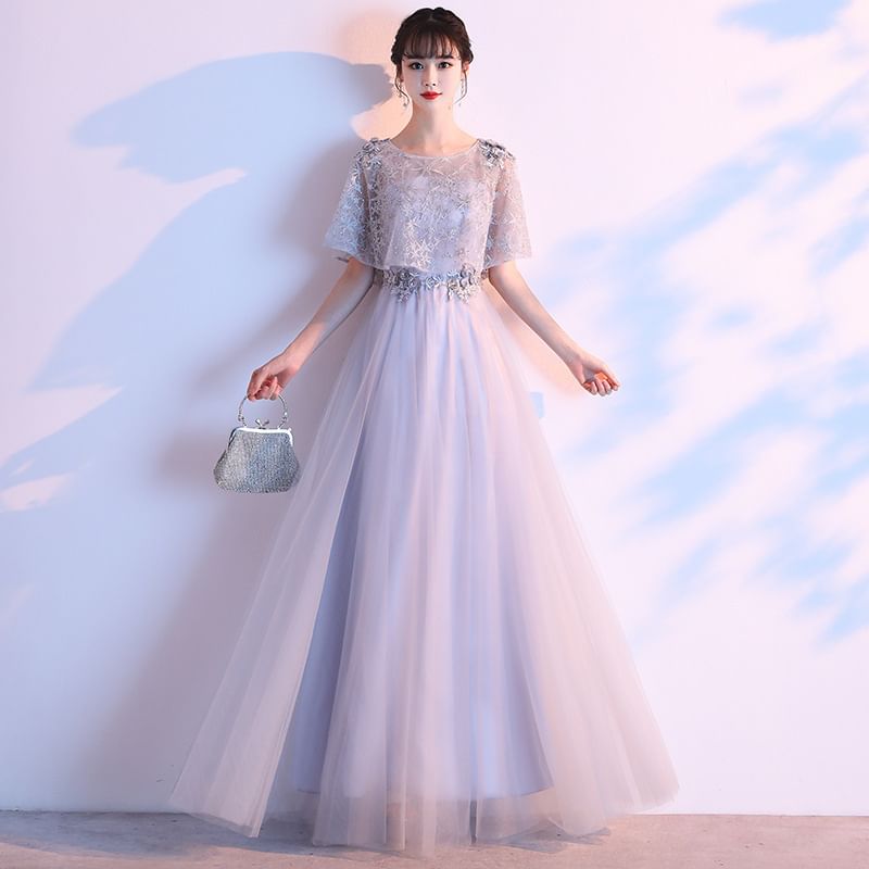 Designs) (Various Lace Panel Gown A-Line Evening Short-Sleeve
