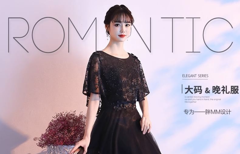 Designs) (Various Lace Panel Gown A-Line Evening Short-Sleeve