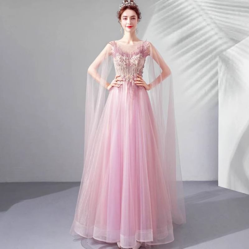 Cape-Sleeve Floral Embroidered A-Line Mesh Evening Gown