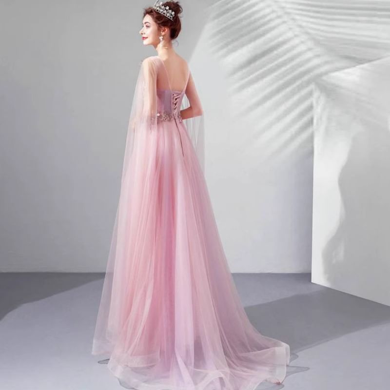 Cape-Sleeve Floral Embroidered A-Line Mesh Evening Gown