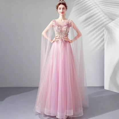 Cape-Sleeve Floral Embroidered A-Line Mesh Evening Gown