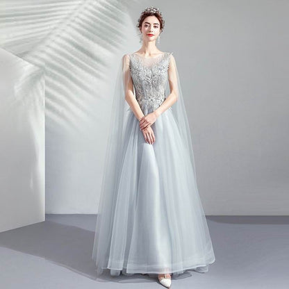 Cape-Sleeve Floral Embroidered A-Line Mesh Evening Gown