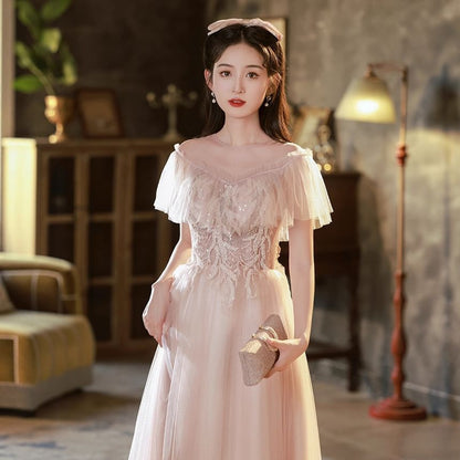 Mesh Gown Sequined Designs) A-Line (Various Ruffle Evening Short-Sleeve