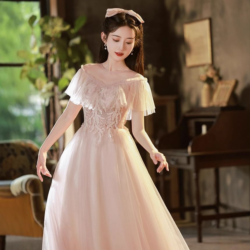 Mesh Gown Sequined Designs) A-Line (Various Ruffle Evening Short-Sleeve