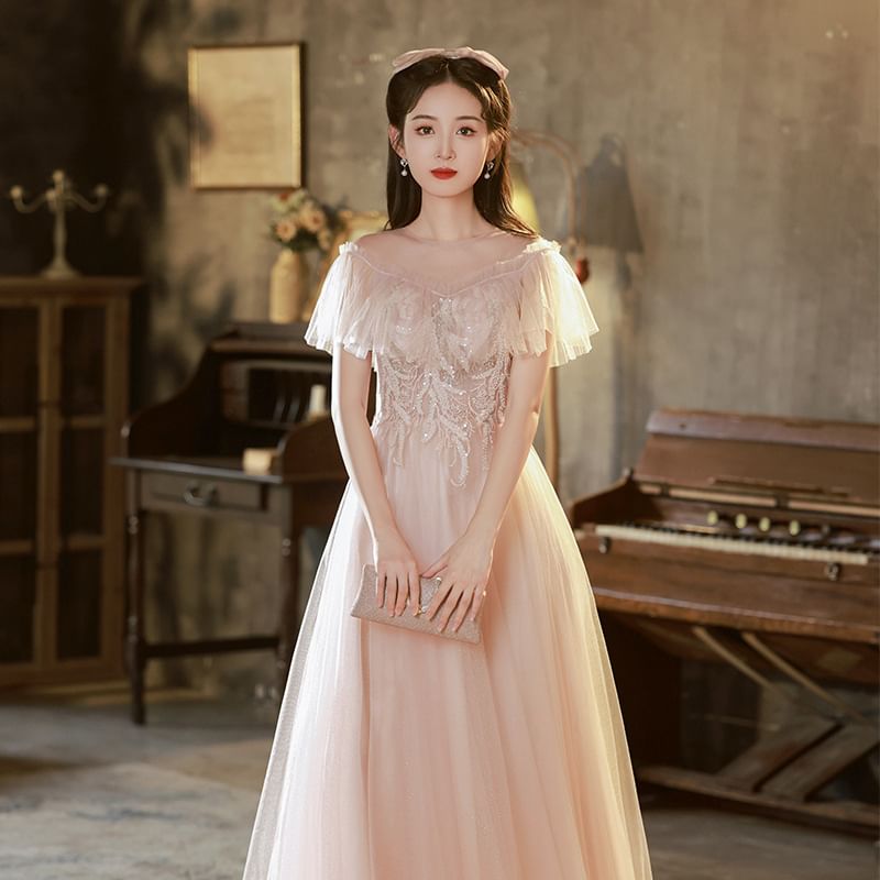 Mesh Gown Sequined Designs) A-Line (Various Ruffle Evening Short-Sleeve