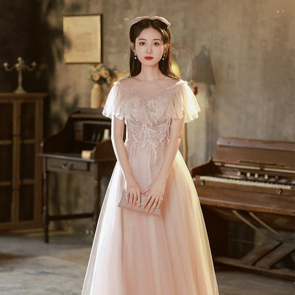 Mesh Gown Sequined Designs) A-Line (Various Ruffle Evening Short-Sleeve