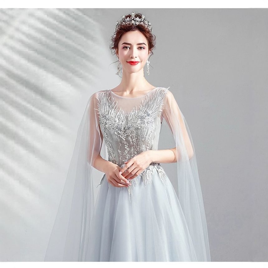 Sleeveless Floral Embroidered A-Line Mesh Evening Gown