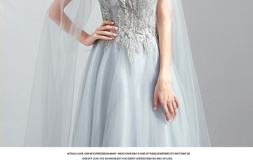 A-Line Gown Floral Embroidered Mesh Evening Sleeveless