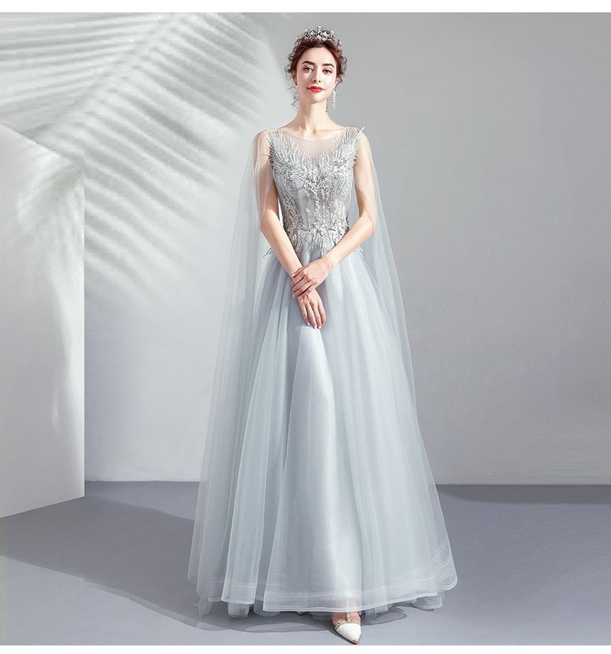 Sleeveless Floral Embroidered A-Line Mesh Evening Gown