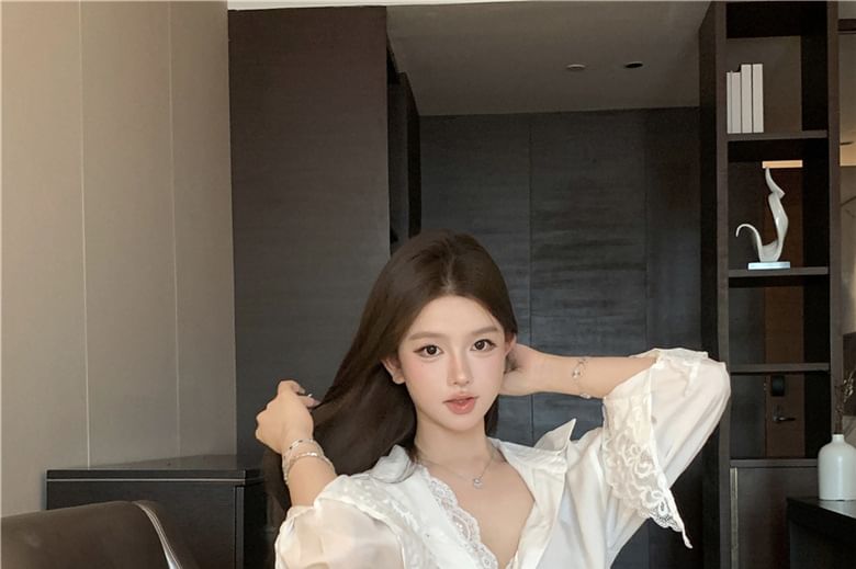 Collared Panel Lace Shirt with Long Sleeves