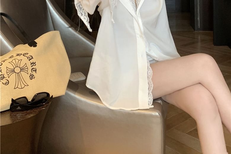 Collared Panel Lace Shirt with Long Sleeves