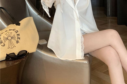 Collared Panel Lace Shirt with Long Sleeves