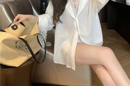 Collared Panel Lace Shirt with Long Sleeves