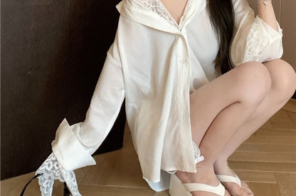 Collared Panel Lace Shirt with Long Sleeves