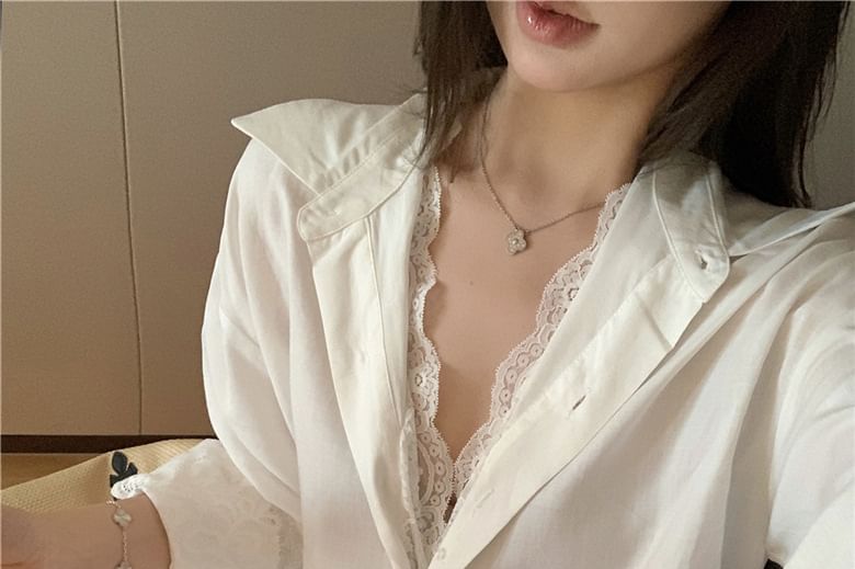 Collared Panel Lace Shirt with Long Sleeves
