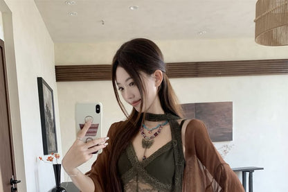 Spaghetti Strap V-Neck Plain Panel Lace Maxi A-Line Dress / Sash / Belt / Plain Open Front Light Jacket / Set