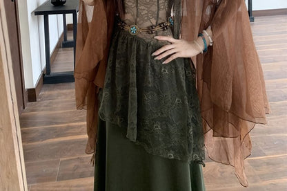 Spaghetti Strap V-Neck Plain Panel Lace Maxi A-Line Dress / Sash / Belt / Plain Open Front Light Jacket / Set