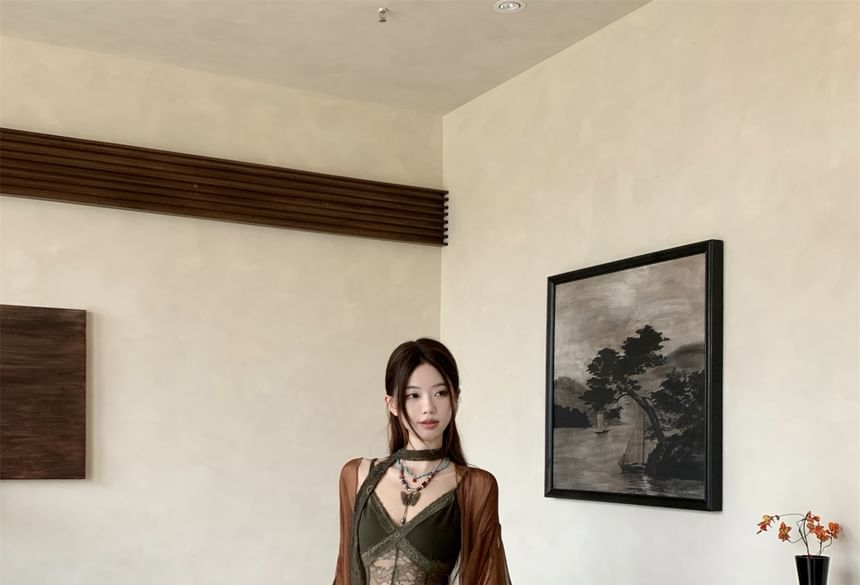 Spaghetti Strap V-Neck Plain Panel Lace Maxi A-Line Dress / Sash / Belt / Plain Open Front Light Jacket / Set