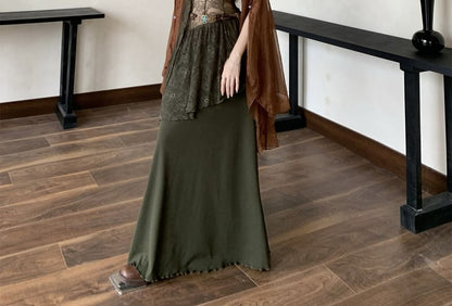 Spaghetti Strap V-Neck Plain Panel Lace Maxi A-Line Dress / Sash / Belt / Plain Open Front Light Jacket / Set