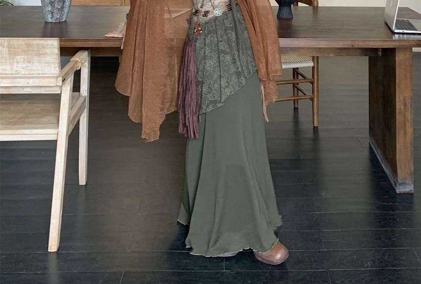 Spaghetti Strap V-Neck Plain Panel Lace Maxi A-Line Dress / Sash / Belt / Plain Open Front Light Jacket / Set