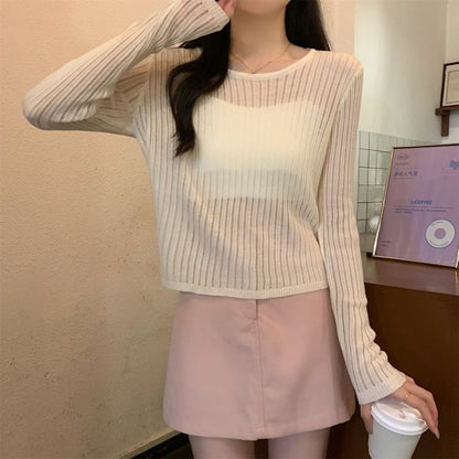 Plain Pointelle Knit Pullover with Long Sleeves and Round Crew Neckline
