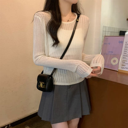 Plain Pointelle Knit Pullover with Long Sleeves and Round Crew Neckline