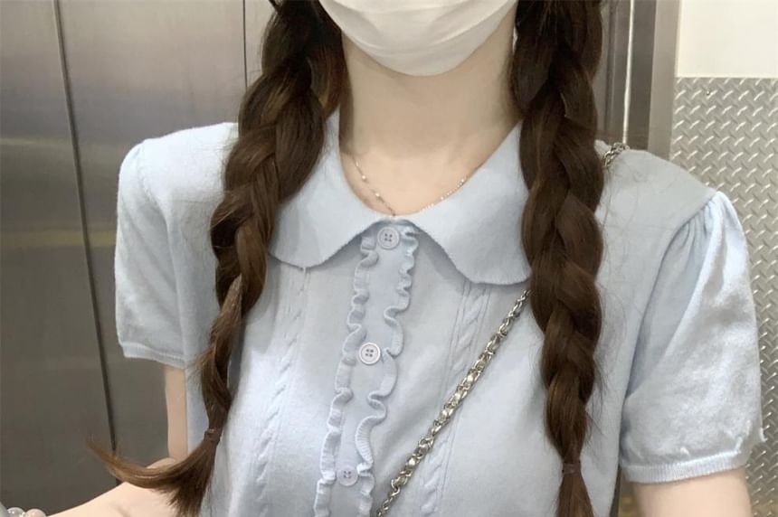 Frill-Trimmed Button Knit Top with Collar and Short Sleeves