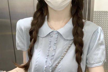 Frill-Trimmed Button Knit Top with Collar and Short Sleeves