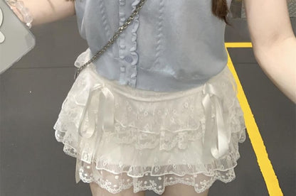 Frill-Trimmed Button Knit Top with Collar and Short Sleeves