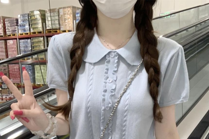 Frill-Trimmed Button Knit Top with Collar and Short Sleeves