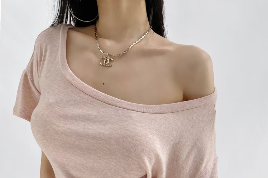 Off Shoulder Plain Tee with Short Sleeves and Relaxed Bardot Neckline