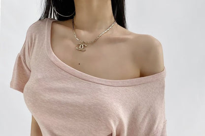 Off Shoulder Plain Tee with Short Sleeves and Relaxed Bardot Neckline