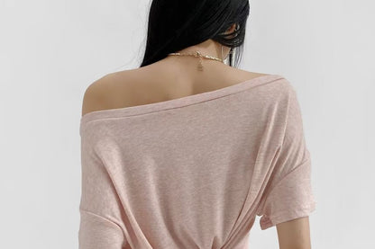 Off Shoulder Plain Tee with Short Sleeves and Relaxed Bardot Neckline
