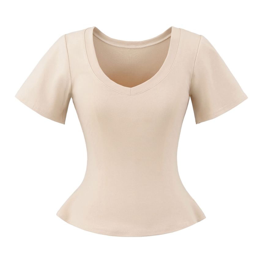 Plain Tee with Short Sleeves and Classic V-Neckline Cut