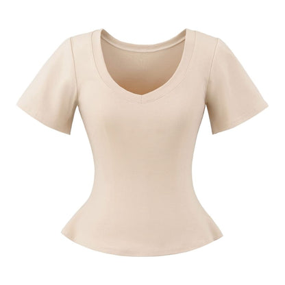 Plain Tee with Short Sleeves and Classic V-Neckline Cut