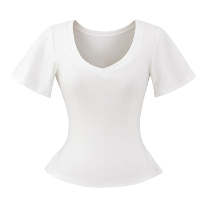 Plain Tee with Short Sleeves and Classic V-Neckline Cut