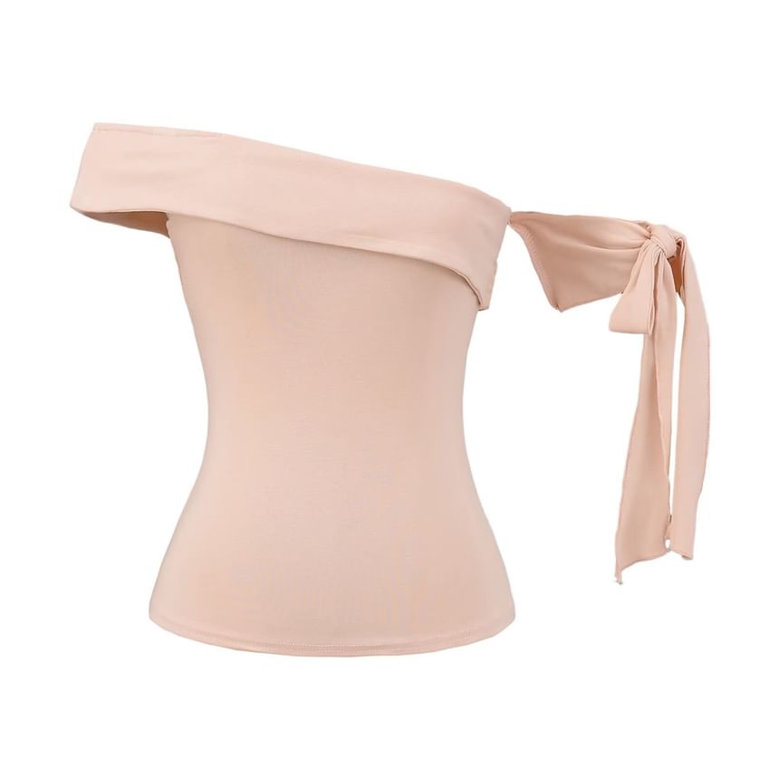 One Shoulder Sleeveless Top with Plain Tie-Up Detail and Asymmetric Cut